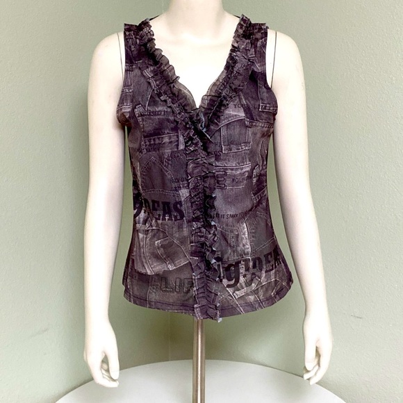 Party Express Sexy & Sheer Dressy Tank Top Print with Ruffles Size L - Picture 1 of 4